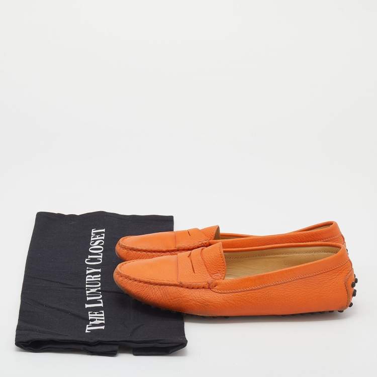 Pre Owned Tod's Orange Leather Penny Slip On Loafers Size 37