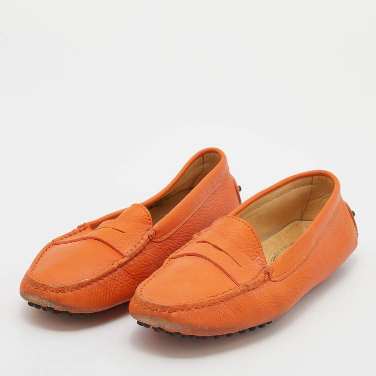 Pre Owned Tod's Orange Leather Penny Slip On Loafers Size 37