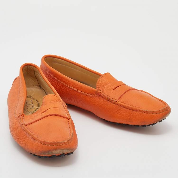 Pre Owned Tod's Orange Leather Penny Slip On Loafers Size 37