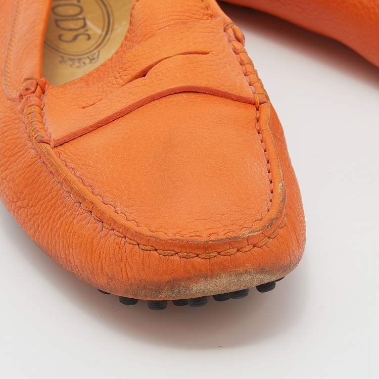 Pre Owned Tod's Orange Leather Penny Slip On Loafers Size 37