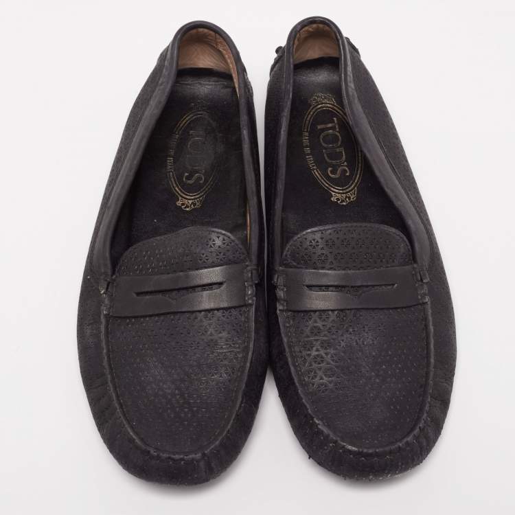 Pre Owned Tod's Black Leather Driving Loafers Size 38
