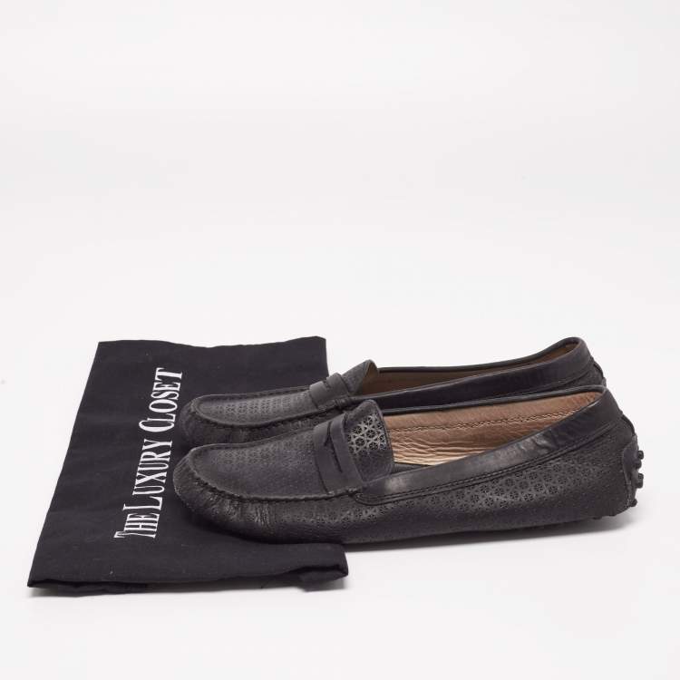 Pre Owned Tod's Black Leather Driving Loafers Size 38