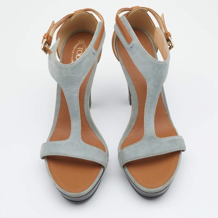 Pre Owned Tod's Grey/Beige Suede And Leather T-Strap Platform Sandals Size 40