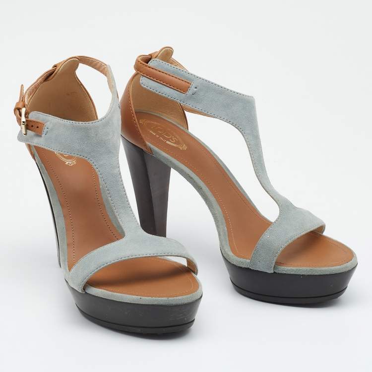 Pre Owned Tod's Grey/Beige Suede And Leather T-Strap Platform Sandals Size 40