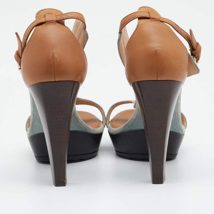 Pre Owned Tod's Grey/Beige Suede And Leather T-Strap Platform Sandals Size 40