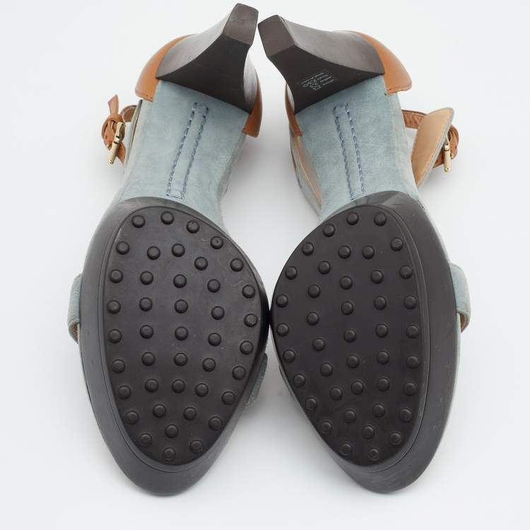 Pre Owned Tod's Grey/Beige Suede And Leather T-Strap Platform Sandals Size 40