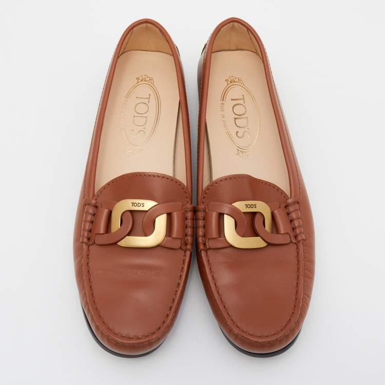 Pre Owned Tod's Brown Leather Kate Gommino Slip On Loafers Size 37