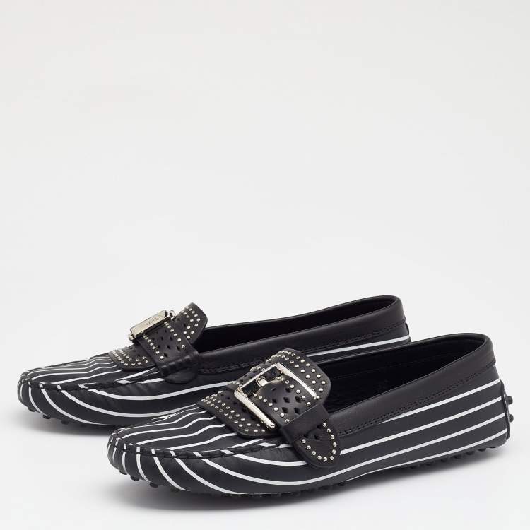 Pre Owned Tod's Black/White Striped Leather Embellished Slip On Loafers Size 38
