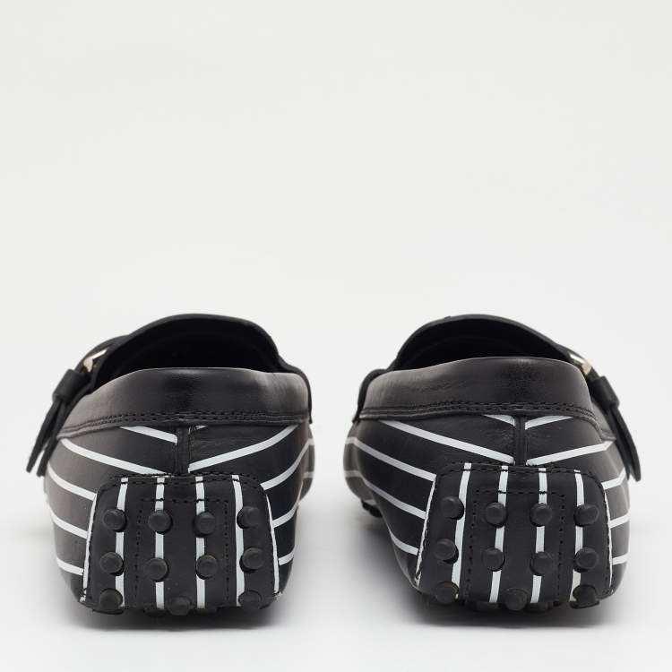 Pre Owned Tod's Black/White Striped Leather Embellished Slip On Loafers Size 38