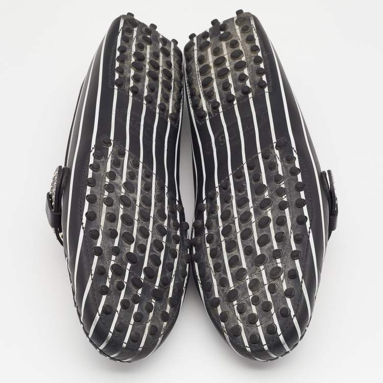 Pre Owned Tod's Black/White Striped Leather Embellished Slip On Loafers Size 38