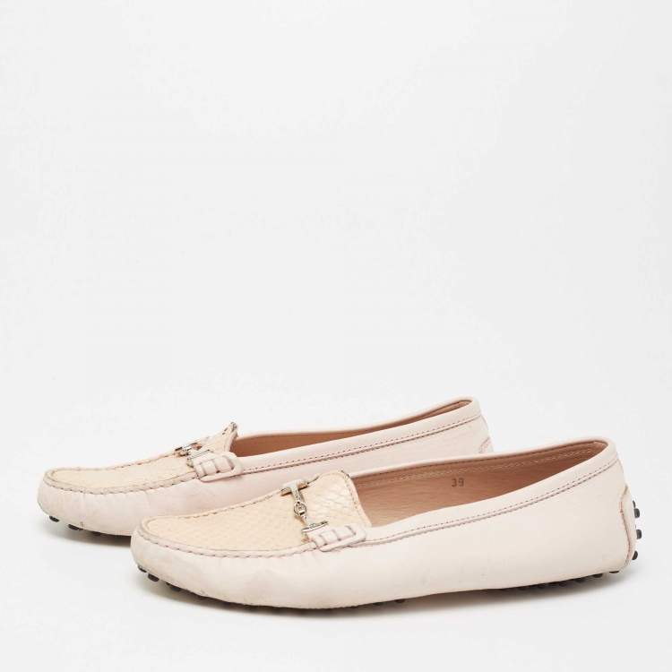 Pre Owned Tod's Pink/Beige Python and Leather Double T Loafers Size 39