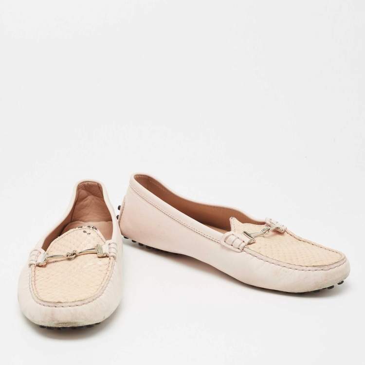 Pre Owned Tod's Pink/Beige Python and Leather Double T Loafers Size 39