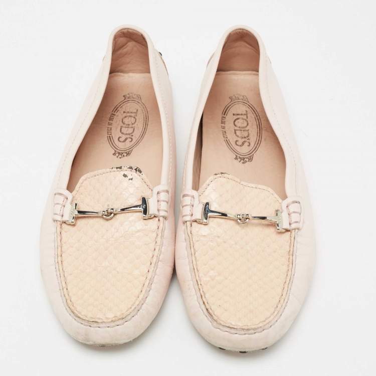 Pre Owned Tod's Pink/Beige Python and Leather Double T Loafers Size 39