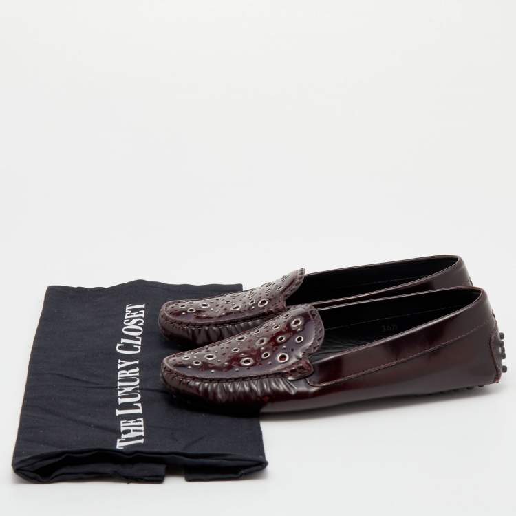 Pre Owned Tod's Burgundy Patent Leather Laser Cut Loafers Size 36.5