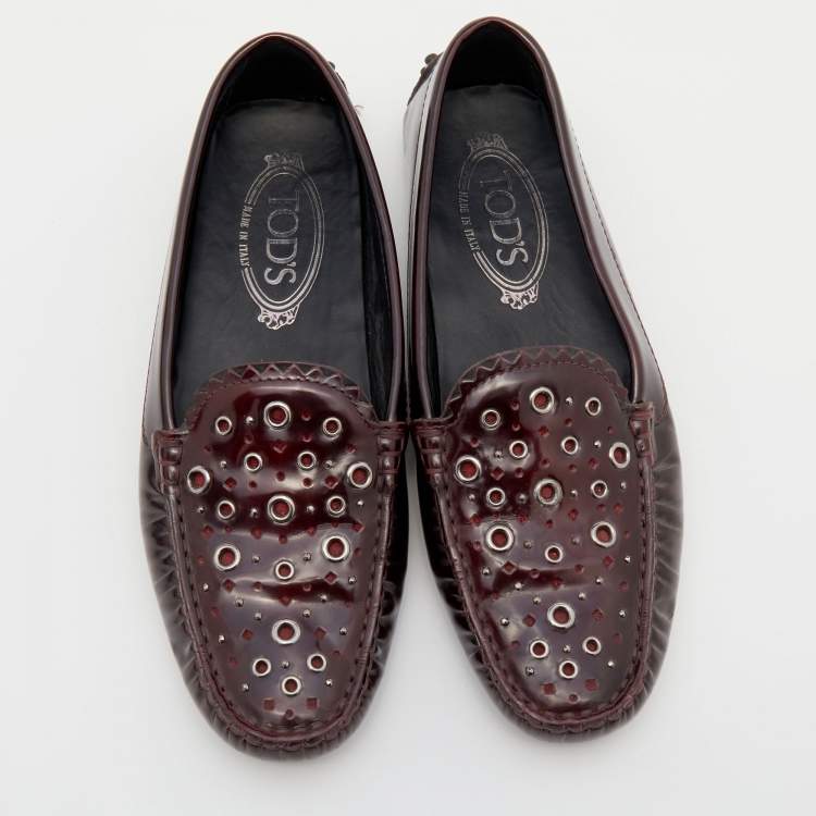 Pre Owned Tod's Burgundy Patent Leather Laser Cut Loafers Size 36.5