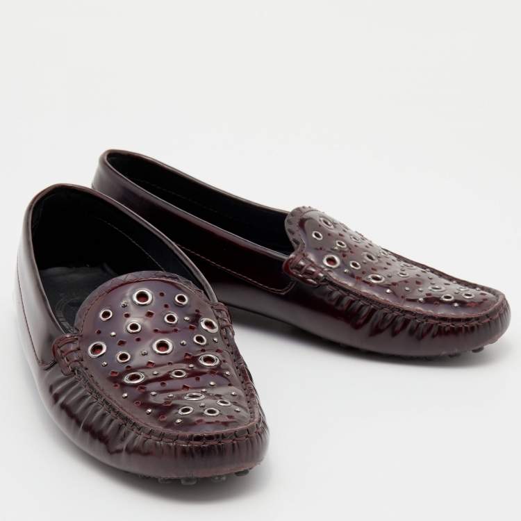 Pre Owned Tod's Burgundy Patent Leather Laser Cut Loafers Size 36.5
