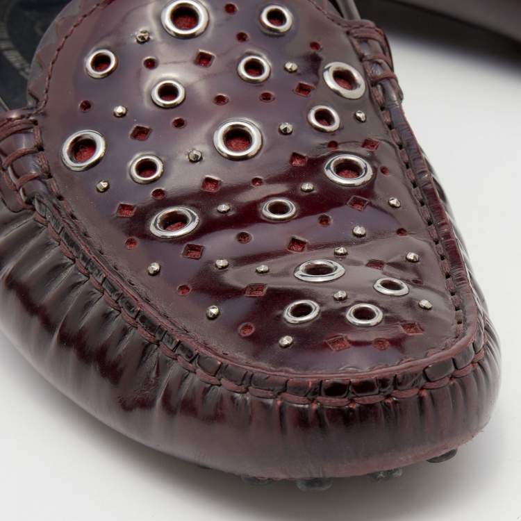 Pre Owned Tod's Burgundy Patent Leather Laser Cut Loafers Size 36.5