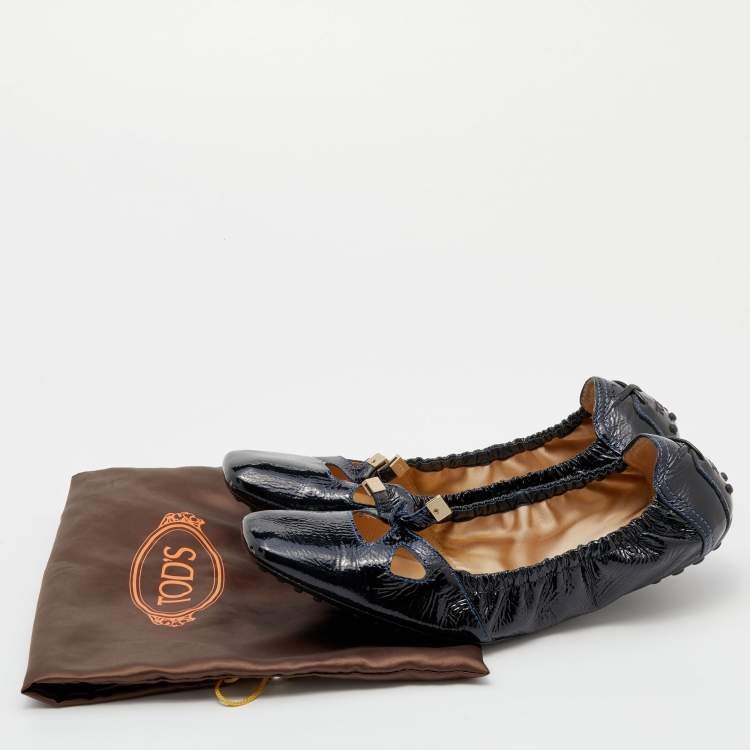 Pre Owned Tod's Black Patent Leather Bow Square Toe Scrunch Ballet Flats Size 39