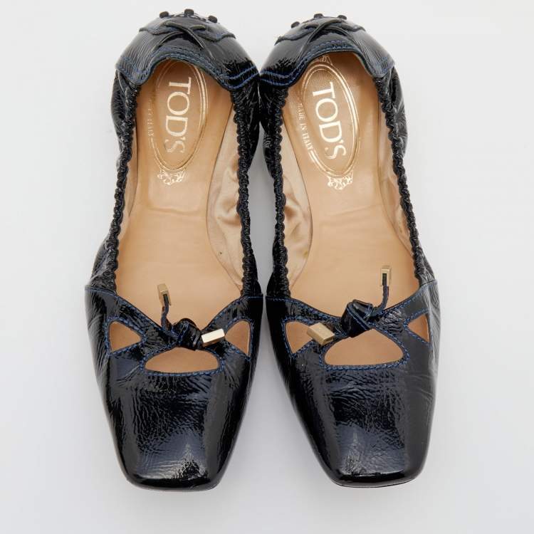Pre Owned Tod's Black Patent Leather Bow Square Toe Scrunch Ballet Flats Size 39
