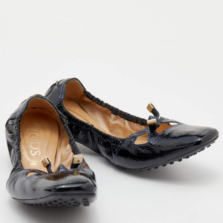 Pre Owned Tod's Black Patent Leather Bow Square Toe Scrunch Ballet Flats Size 39