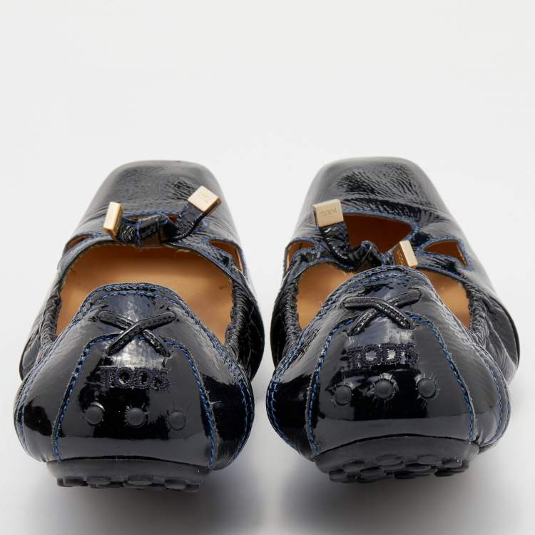 Pre Owned Tod's Black Patent Leather Bow Square Toe Scrunch Ballet Flats Size 39