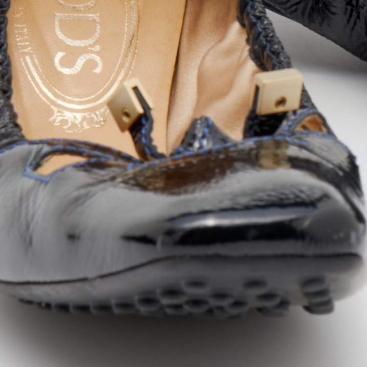 Pre Owned Tod's Black Patent Leather Bow Square Toe Scrunch Ballet Flats Size 39