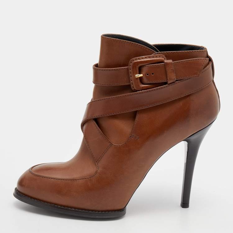 Pre Owned Tod's Brown Leather Cross Strap Ankle Booties Size 36.5