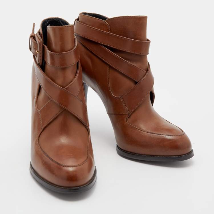 Pre Owned Tod's Brown Leather Cross Strap Ankle Booties Size 36.5