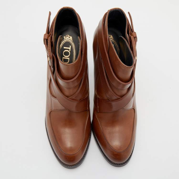 Pre Owned Tod's Brown Leather Cross Strap Ankle Booties Size 36.5