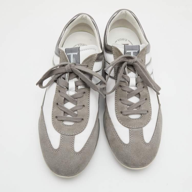 Pre Owned Tod's Grey/White Leather And Suede Lace Up Sneakers Size 40