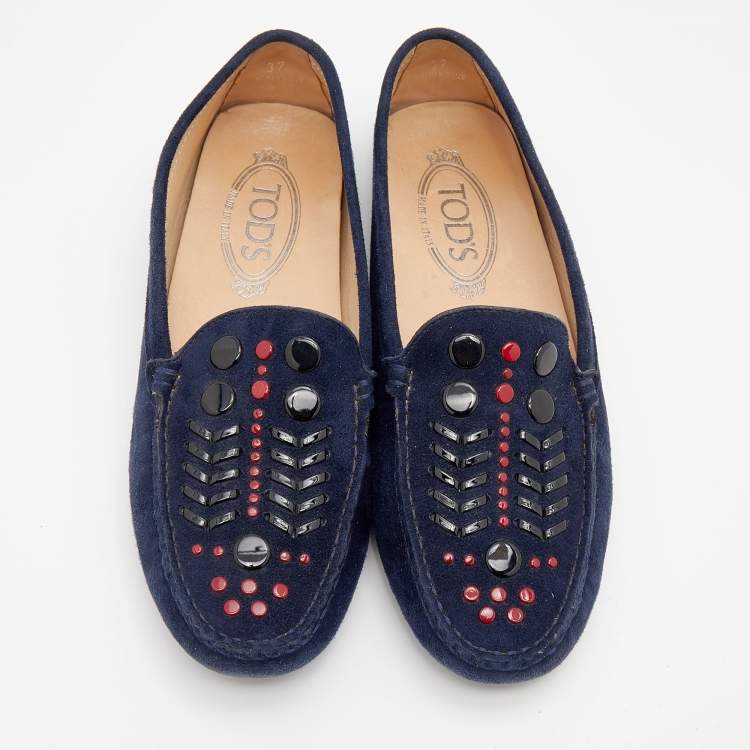 Pre Owned Tod's Navy Blue Suede Studded Slip On Loafers Size 37