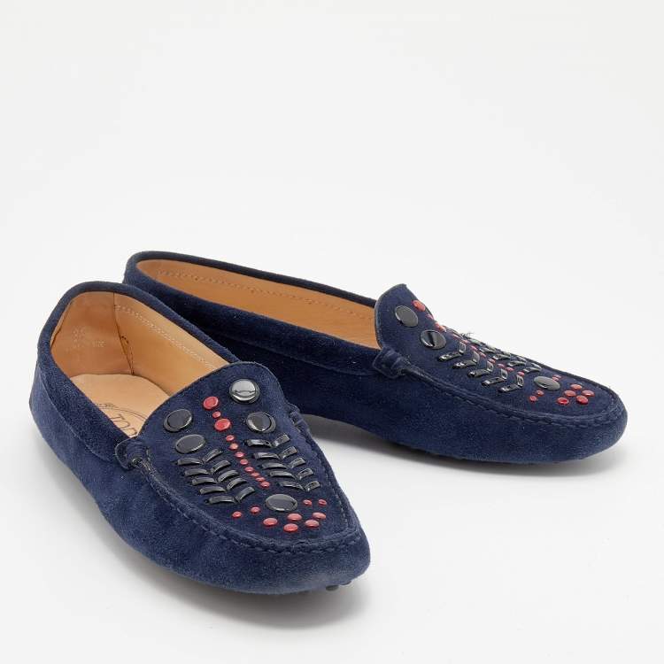 Pre Owned Tod's Navy Blue Suede Studded Slip On Loafers Size 37