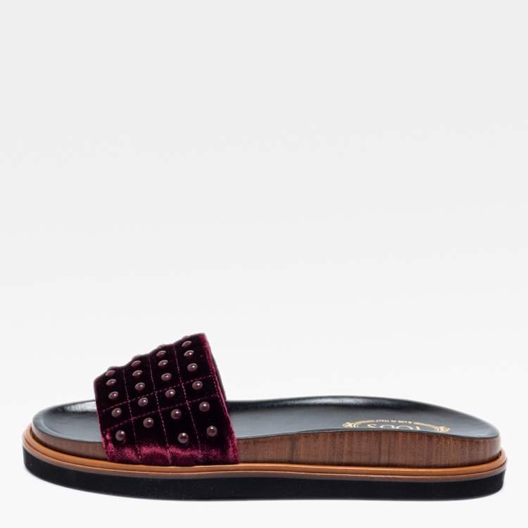 Pre Owned Tod's Burgundy Velvet Studded Flat Slide Sandals Size 37