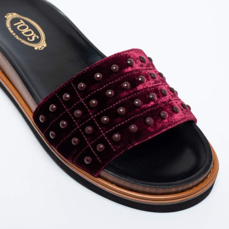 Pre Owned Tod's Burgundy Velvet Studded Flat Slide Sandals Size 37