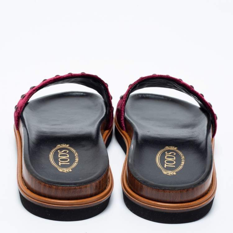 Pre Owned Tod's Burgundy Velvet Studded Flat Slide Sandals Size 37
