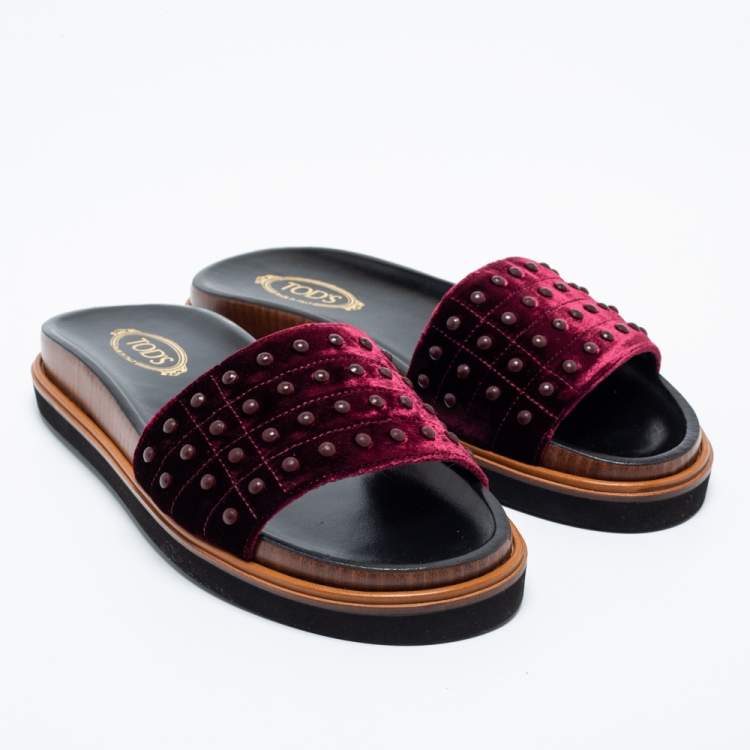 Pre Owned Tod's Burgundy Velvet Studded Flat Slide Sandals Size 37