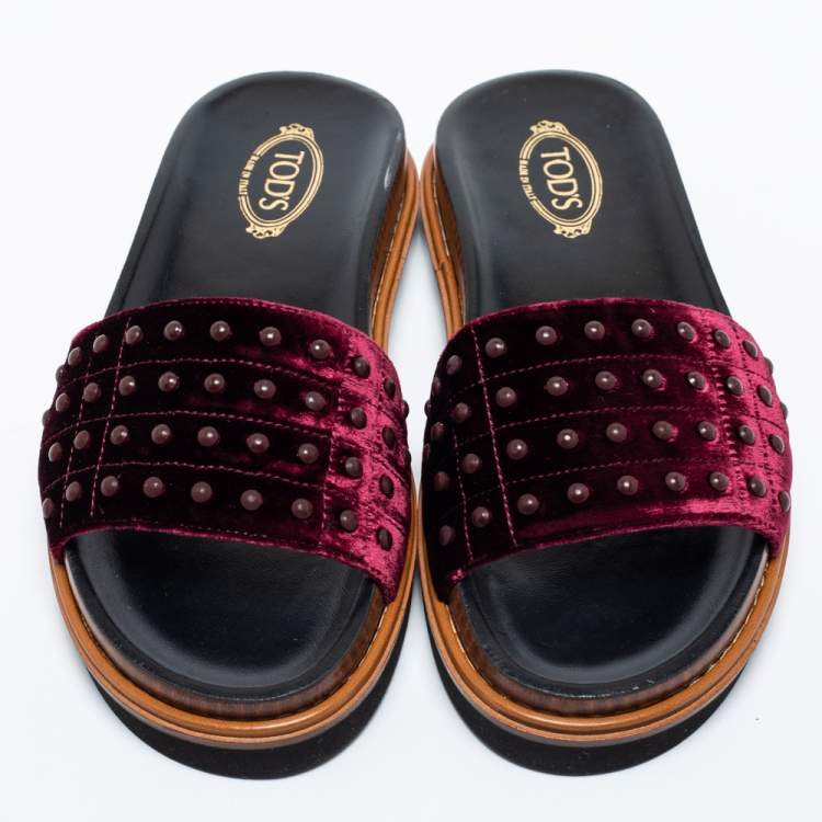 Pre Owned Tod's Burgundy Velvet Studded Flat Slide Sandals Size 37
