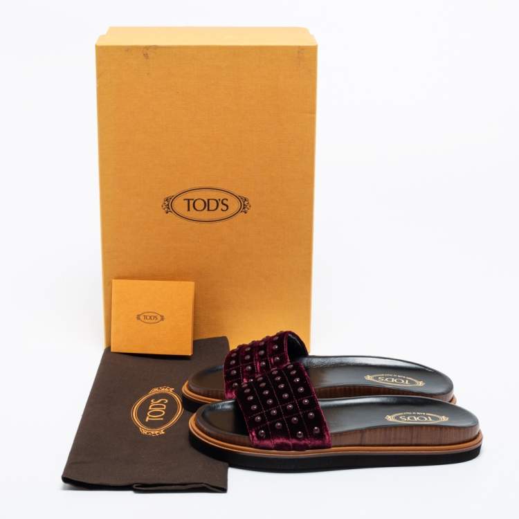 Pre Owned Tod's Burgundy Velvet Studded Flat Slide Sandals Size 37