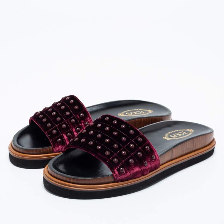 Pre Owned Tod's Burgundy Velvet Studded Flat Slide Sandals Size 37