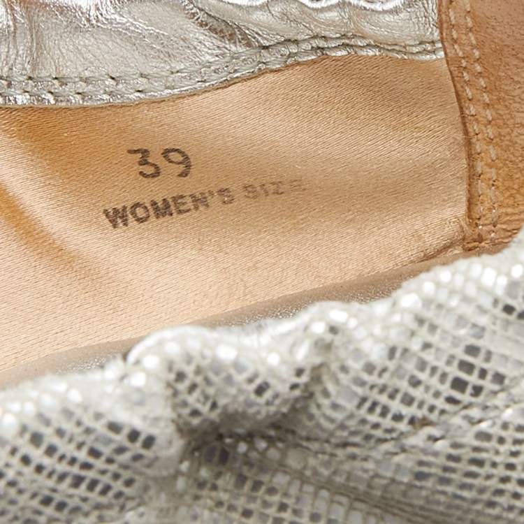 Pre Owned Tod's Silver Textured Nubuck Leather Bow Scrunch Ballet Flats Size 39