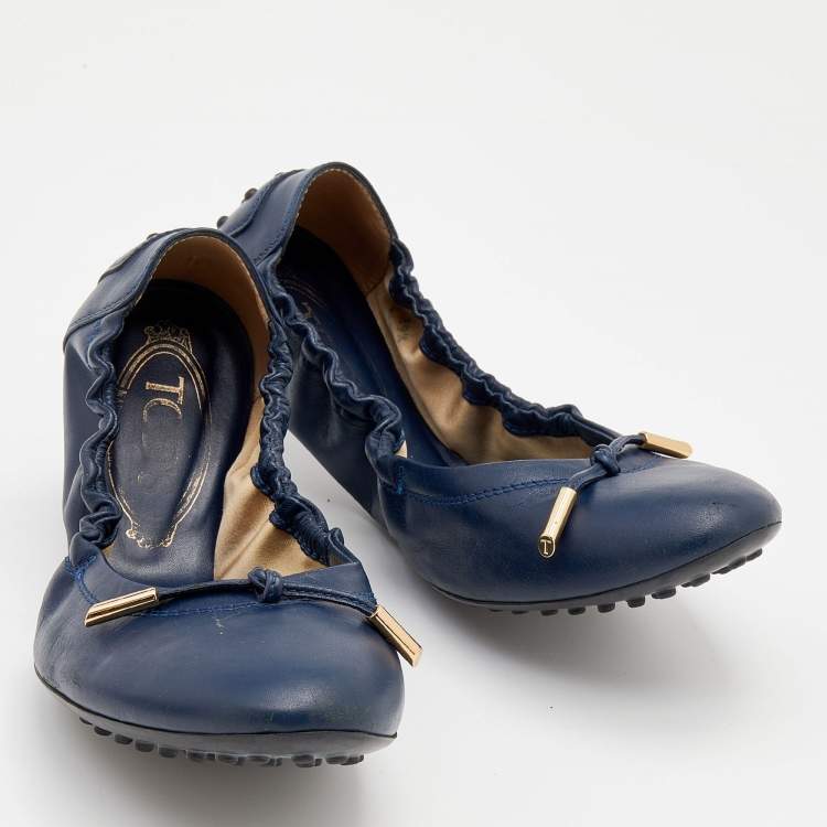 Pre Owned Tod's Blue Leather Bow Scrunch Ballet Flats Size 39.5