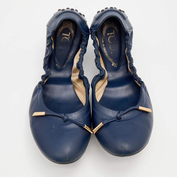 Pre Owned Tod's Blue Leather Bow Scrunch Ballet Flats Size 39.5