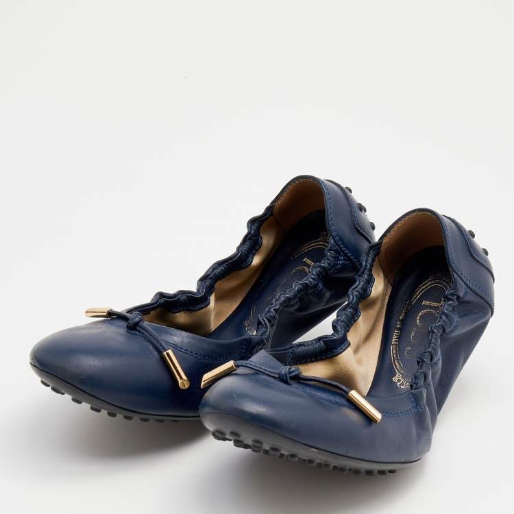 Pre Owned Tod's Blue Leather Bow Scrunch Ballet Flats Size 39.5