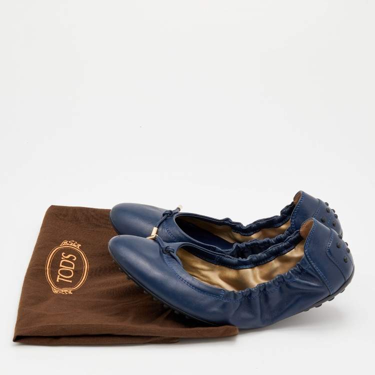 Pre Owned Tod's Blue Leather Bow Scrunch Ballet Flats Size 39.5