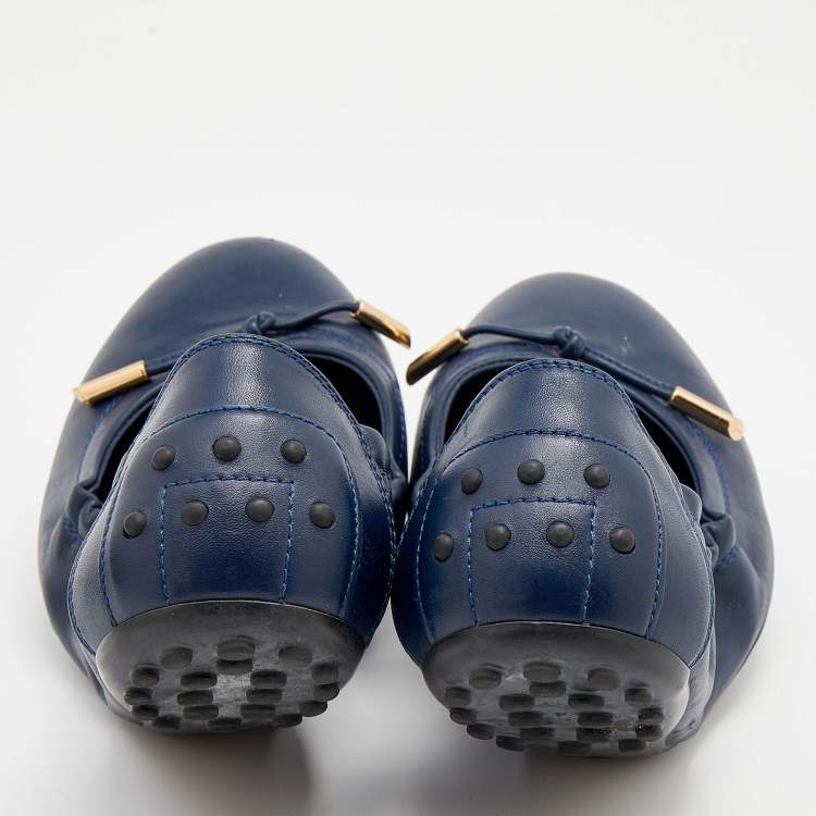 Pre Owned Tod's Blue Leather Bow Scrunch Ballet Flats Size 39.5