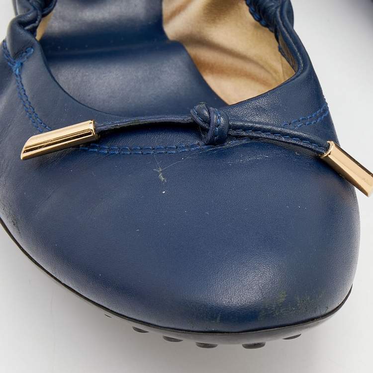 Pre Owned Tod's Blue Leather Bow Scrunch Ballet Flats Size 39.5