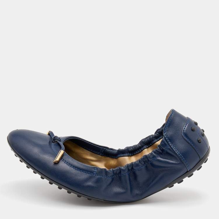 Pre Owned Tod's Blue Leather Bow Scrunch Ballet Flats Size 39.5