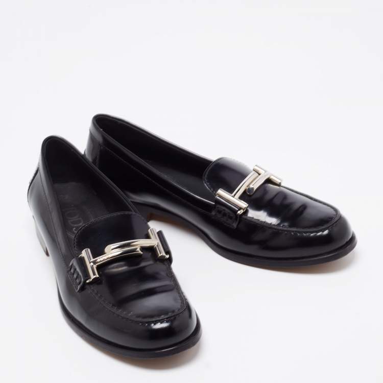 Pre Owned Tod's Black Leather Double T Block Heel Loafers Size 35.5