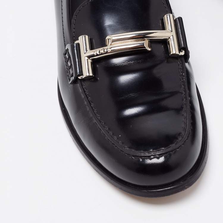 Pre Owned Tod's Black Leather Double T Block Heel Loafers Size 35.5