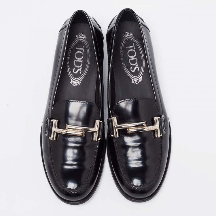 Pre Owned Tod's Black Leather Double T Block Heel Loafers Size 35.5